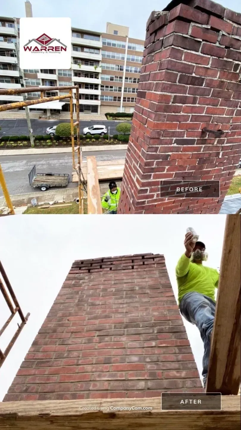 Two photos of a brick chimney on a rooftop, with a person working beside it.