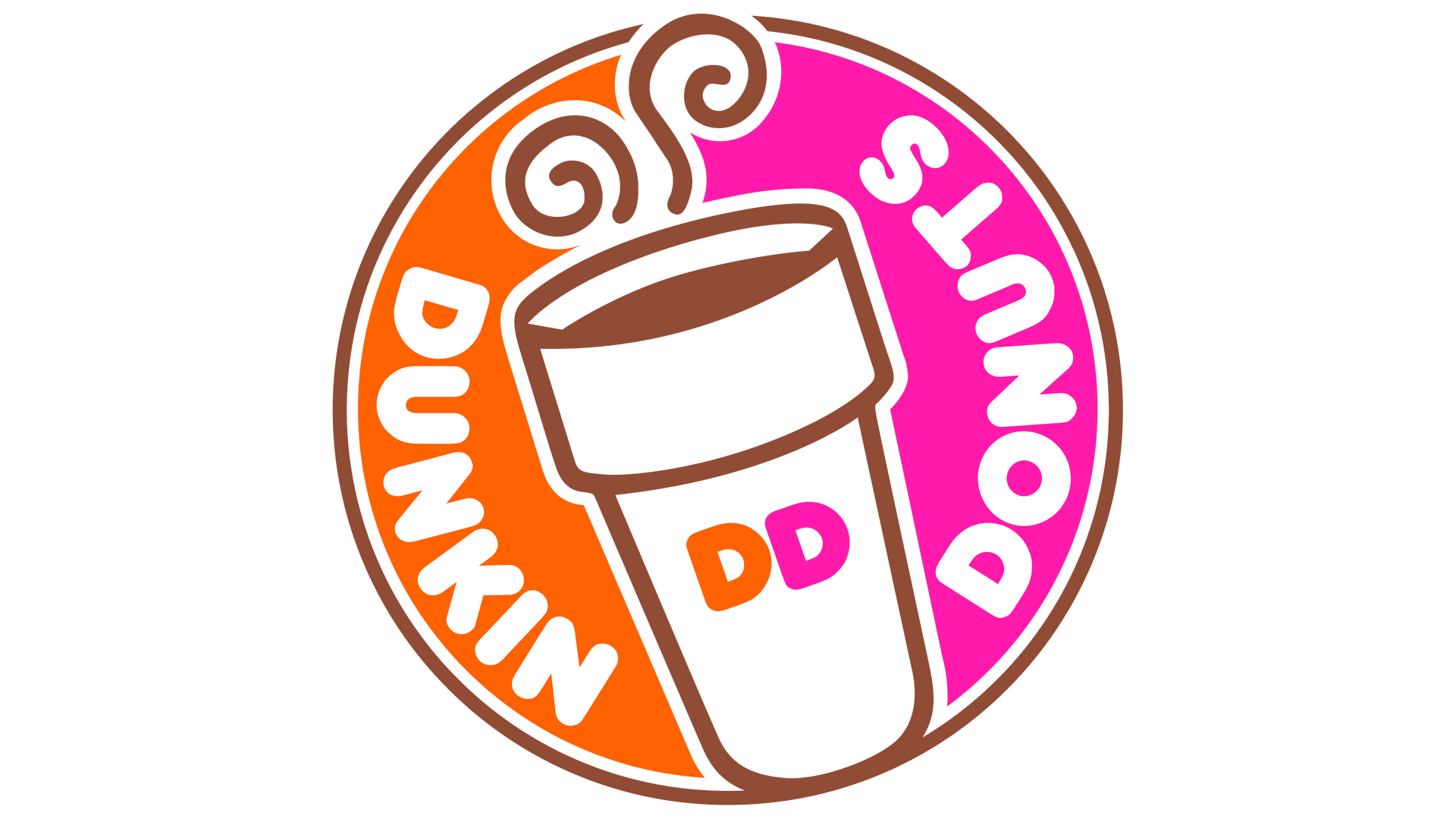 Dunkin' Donuts circular logo with an orange left side, pink right side, and a coffee cup with the letters